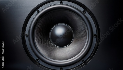 round black speaker with textured surface and deep cone for high quality sound reproduction