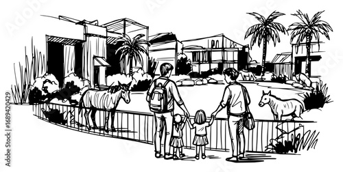 Hand drawn family visiting zoo enclosure with zebras sketch