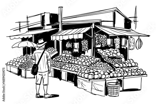 Hand drawn street fruit market stall with shopper sketch