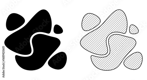 Two abstract blob shapes one solid black and the other outlined with hatching representing organic forms or fluid