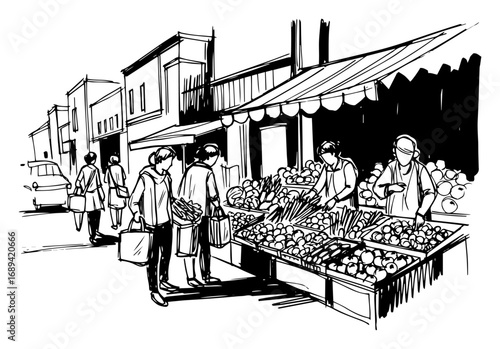 Street market vendors selling produce sketch