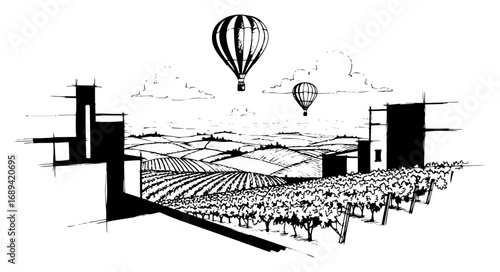 Vineyard landscape with hot air balloons sketch