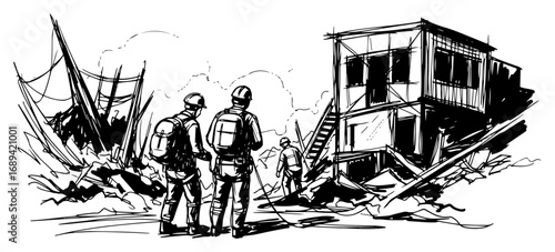 Rescue team at a destroyed building disaster site sketch