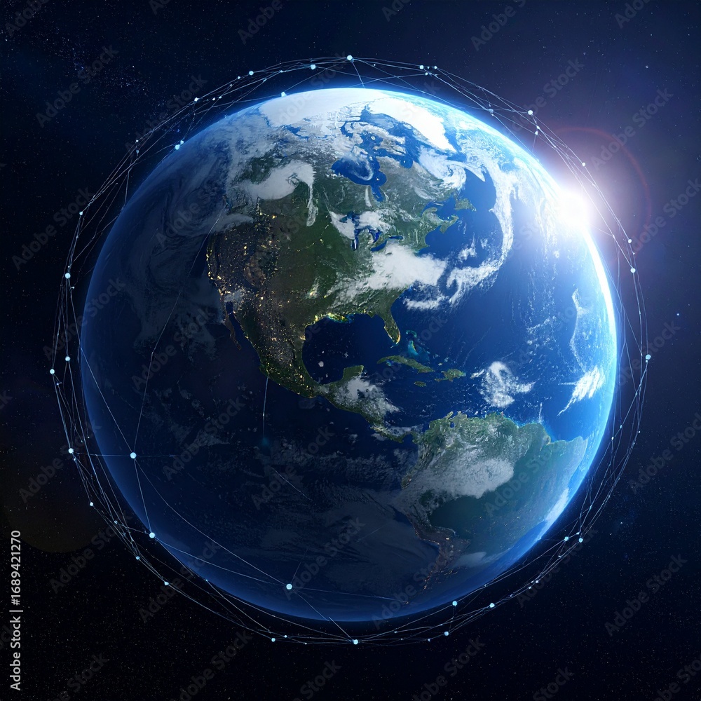 Obraz premium Earth floating in space surrounded by glowing network lines, symbol of global digital connectivity.