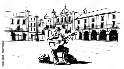 Street guitarist performing in historic European plaza sketch