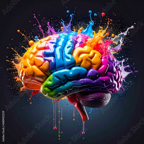 splash of colorful paint forming the shape of a human brain, creativity and imagination concept.