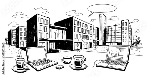 Hand drawn urban coworking plaza with laptops and coffee sketch