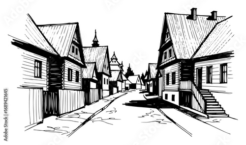 Traditional wooden village street perspective vector