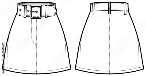 Women's belted mini Skirt flat sketch fashion illustration cad drawing with front and back view. Woven denim skirt mini short skirt design vector template