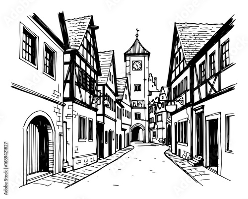 Old medieval street in a european town vector sketch