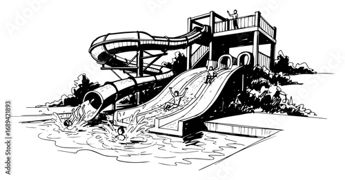 People having fun on a water slide at an aqua park sketch