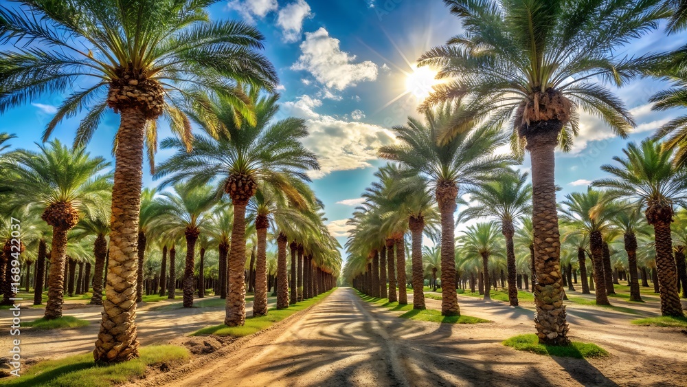 Naklejka premium Palm Tree Plantation Under a Bright Blue Sky with Fluffy Clouds
