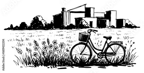 Bicycle parked in rural meadow landscape sketch