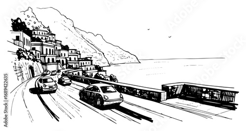 Scenic coastal road with cars vector illustration