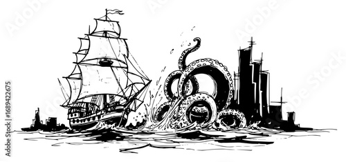 Kraken monster attacking a tall ship near a modern city