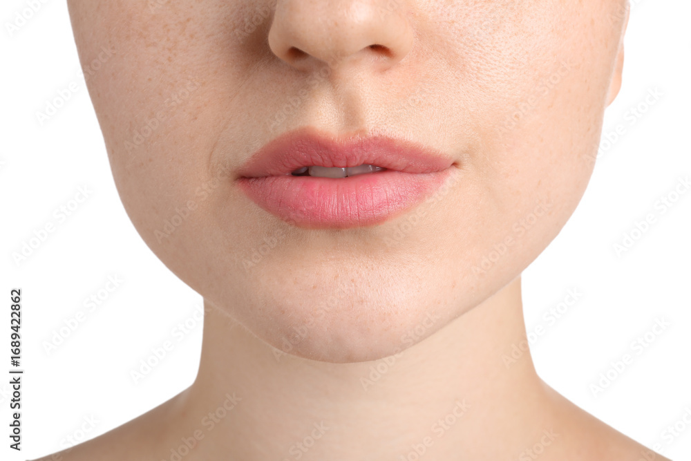 Obraz premium Woman before cosmetic procedure on white background, closeup