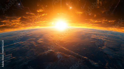 A radiant golden sun illuminates the Earth's curving horizon and blue atmosphere from the vastness of space above.