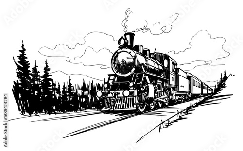 Vintage steam train traveling through a forest landscape