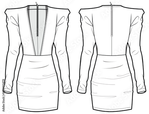 Women statement shoulder  bodycon dress design flat sketch fashion illustration drawing with front and back view. Ladies long sleeve  bandage evening wear. deep v neck tight dress cas vector template