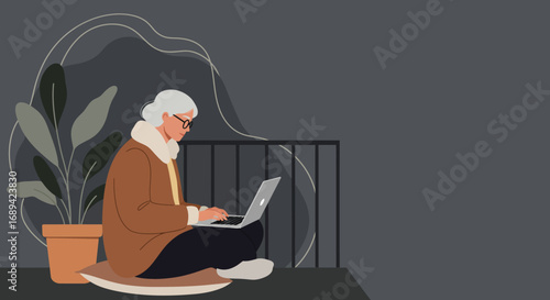Senior woman focused on her laptop, comfortably working or learning from home. Represents modern aging, digital connection, and remote productivity.