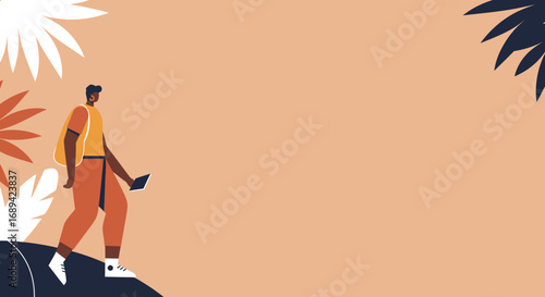 Stylish person exploring a vibrant natural landscape with a digital tablet, embodying travel, modern lifestyle, and discovery. Perfect for technology, education, or leisure concepts.