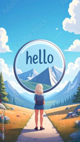 Woman looking at mountains through magnifying glass