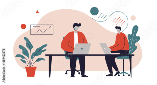Two male colleagues collaborate in a modern office, working on laptops at a shared desk. Ideal for business, technology, or startup concepts highlighting teamwork and productivity.