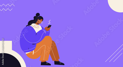 Woman engaging with her smartphone, surrounded by modern abstract shapes. Represents online communication, digital lifestyle, and social networking.