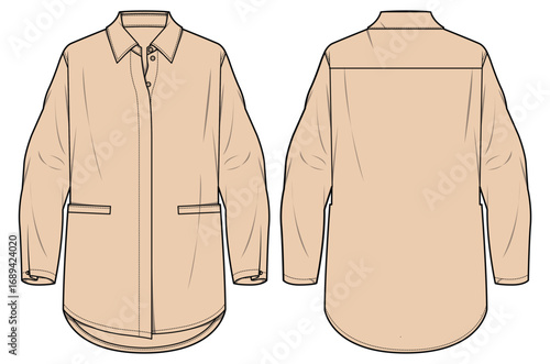 Women's long sleeve oversize Shirt Blouse flat sketch fashion illustration drawing front and back view, formal slim fit shirt blouse with collar for girls and ladies template mock up