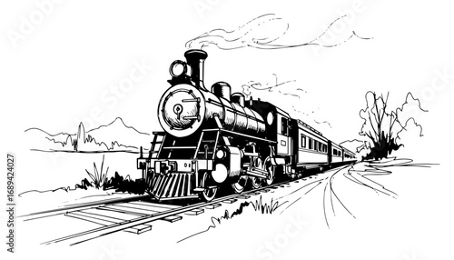 Vintage steam locomotive on countryside railroad sketch