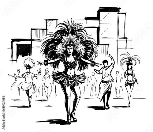 Samba carnival dancer leading street parade with feather costume
