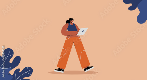 Modern flat illustration of a young woman walking and working on her laptop. Depicts remote work, online learning, digital nomad lifestyle, and productivity.