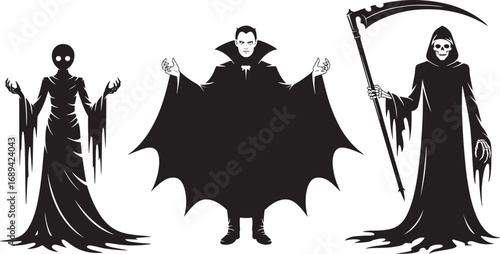 Halloween Characters Silhouette Set Ghost Vampire Grim Reaper Costume Vector Art Design