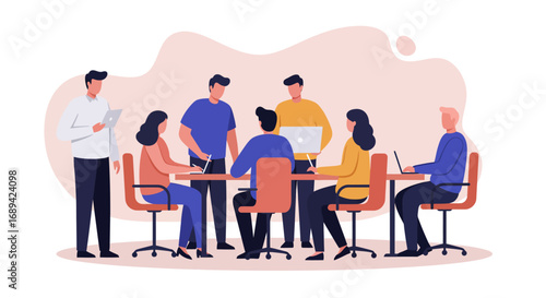 Diverse team collaborating in an office meeting, discussing ideas and strategy. Professionals use technology for productive teamwork. Ideal for business, corporate, or startup concepts.