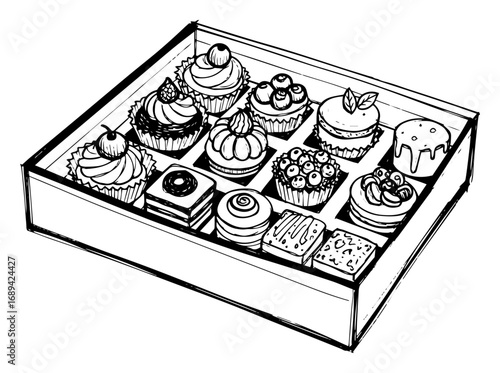Box of assorted pastries and cakes sketch