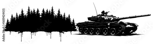 War concept with a battle tank and forest silhouette