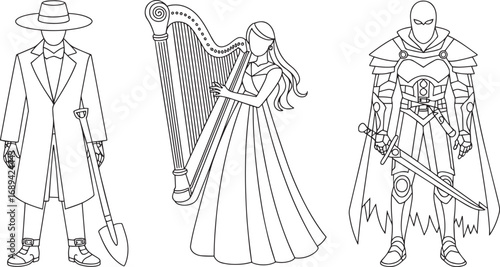 Line Art Characters: Undertaker, Harpist, Armored Knight for Storytelling and Game Design