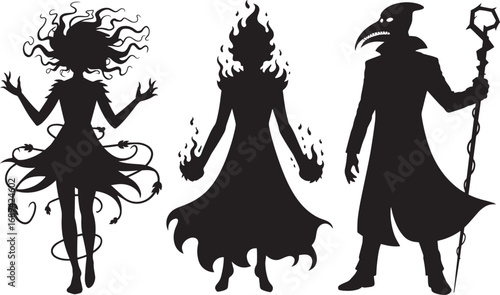 Mystical Figures Silhouettes: Earth, Fire, Plague Doctor Characters for Dark Art Designs