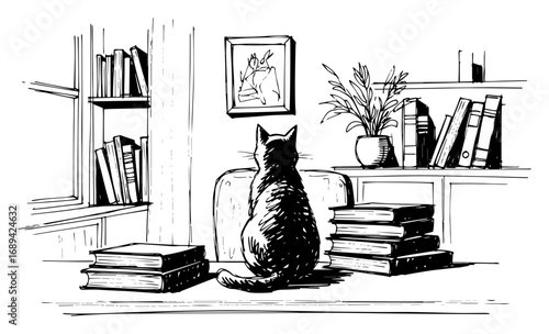 Cat sitting among books in home library sketch