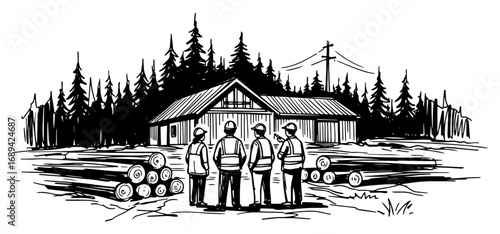 Logging camp with lumberjacks and sawmill vector illustration