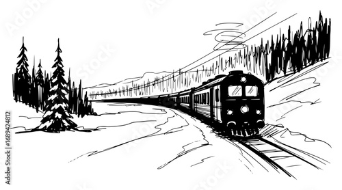 Passenger train traveling through a snowy winter landscape sketch