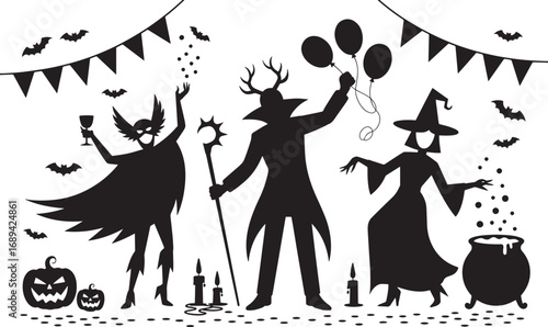 Silhouette Masquerade Ball with Costumed Figures, Bats, Garlands, and Festive Decorations
