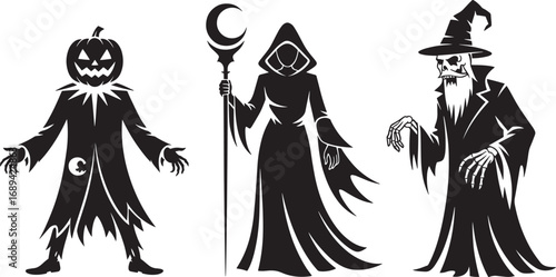 Silhouette Trio of Halloween Characters Pumpkin Head Witch Skeleton for Creepy Season