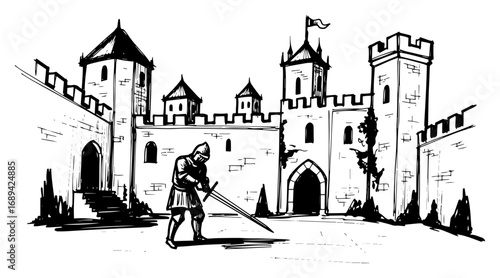 Medieval knight with sword in a castle fortress sketch