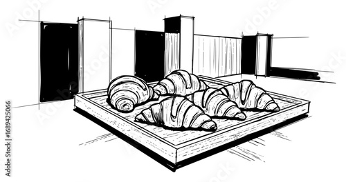 Croissants on bakery display tray hand drawn sketch