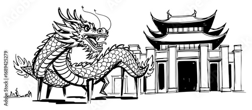 Chinese dragon statue at a traditional temple gate sketch