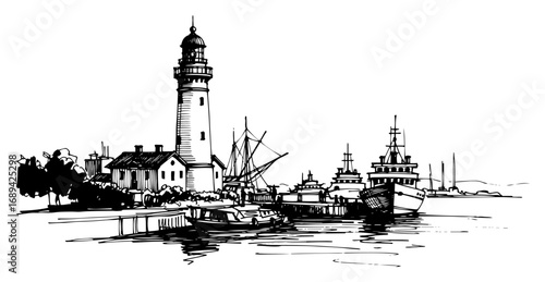 Coastal lighthouse harbor with boats and village