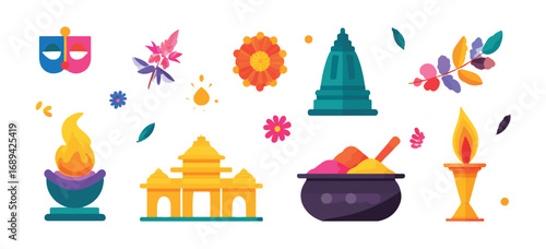 Colorful Diwali Festival Elements Arranged on White Backdrop for Festive Celebration and Traditional Hindu Symbolism