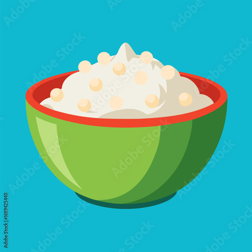 Homemade cottage cheese in bowl. Cartoon vector illustration.