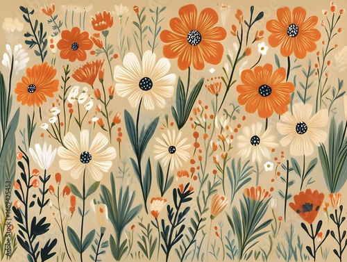 Vibrant Orange and Cream Floral Meadow Illustration